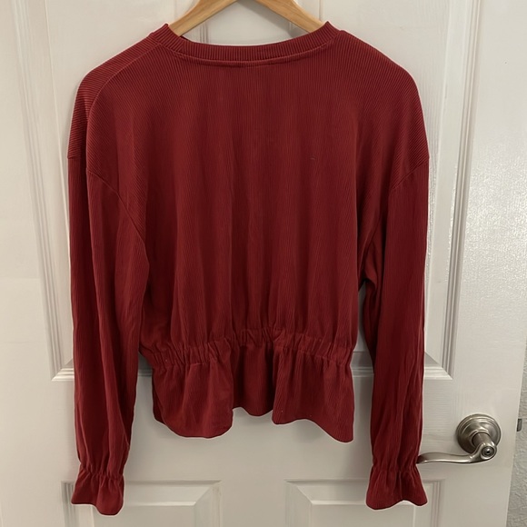 A new day Dark Red Ribbed Long Sleeve Blouse - Picture 2 of 5